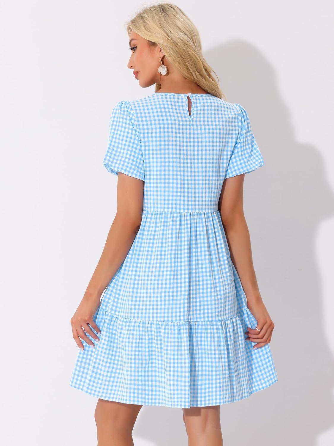 imageAllegra K Summer Dress for Women Gingham Short Sleeve Plaid Dresses Crewneck Loose Babydoll Casual Tiered DressesBlue