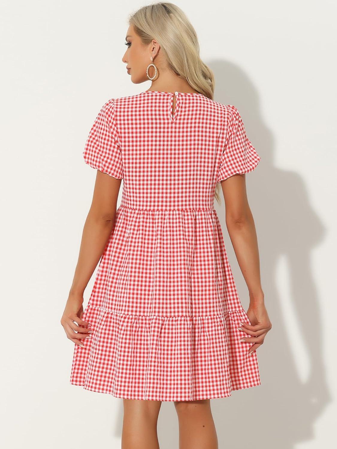 imageAllegra K Summer Dress for Women Gingham Short Sleeve Plaid Dresses Crewneck Loose Babydoll Casual Tiered DressesRed