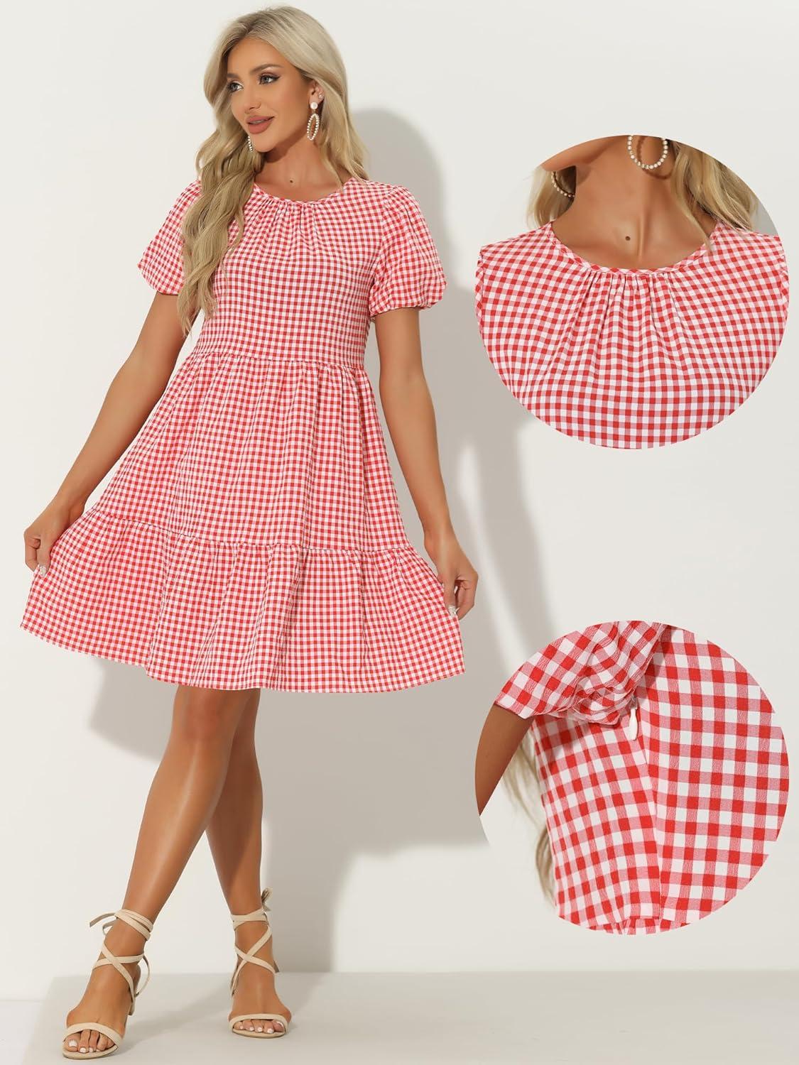 imageAllegra K Summer Dress for Women Gingham Short Sleeve Plaid Dresses Crewneck Loose Babydoll Casual Tiered DressesRed