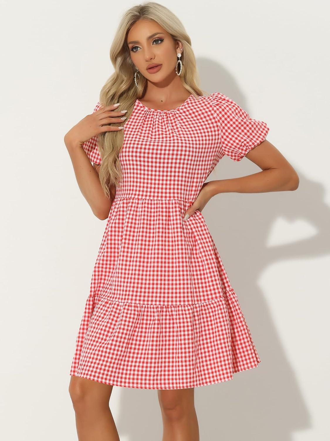 imageAllegra K Summer Dress for Women Gingham Short Sleeve Plaid Dresses Crewneck Loose Babydoll Casual Tiered DressesRed
