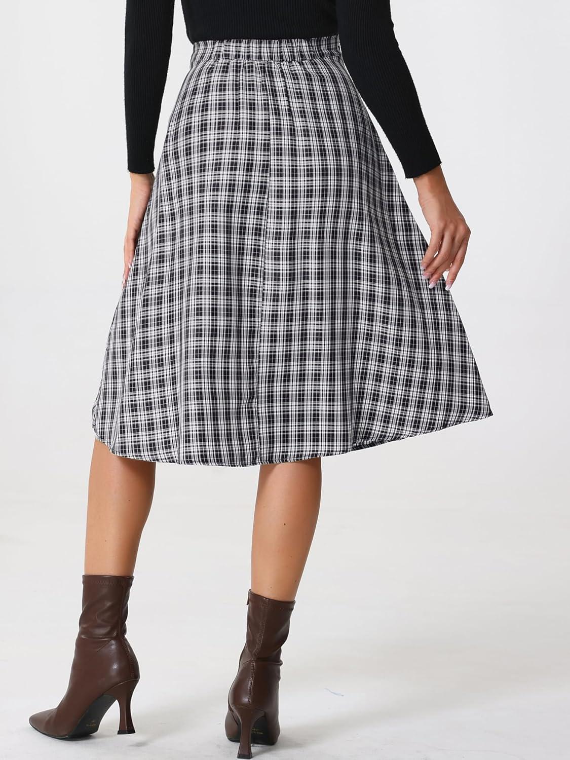 imageAllegra K Vintage Plaid Skirts for Womens High Waist Pleated ALine Midi SkirtBlack
