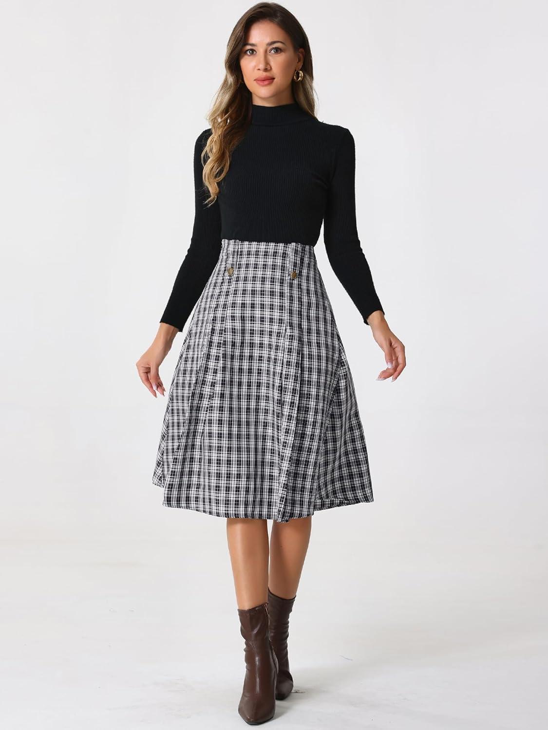 imageAllegra K Vintage Plaid Skirts for Womens High Waist Pleated ALine Midi SkirtBlack