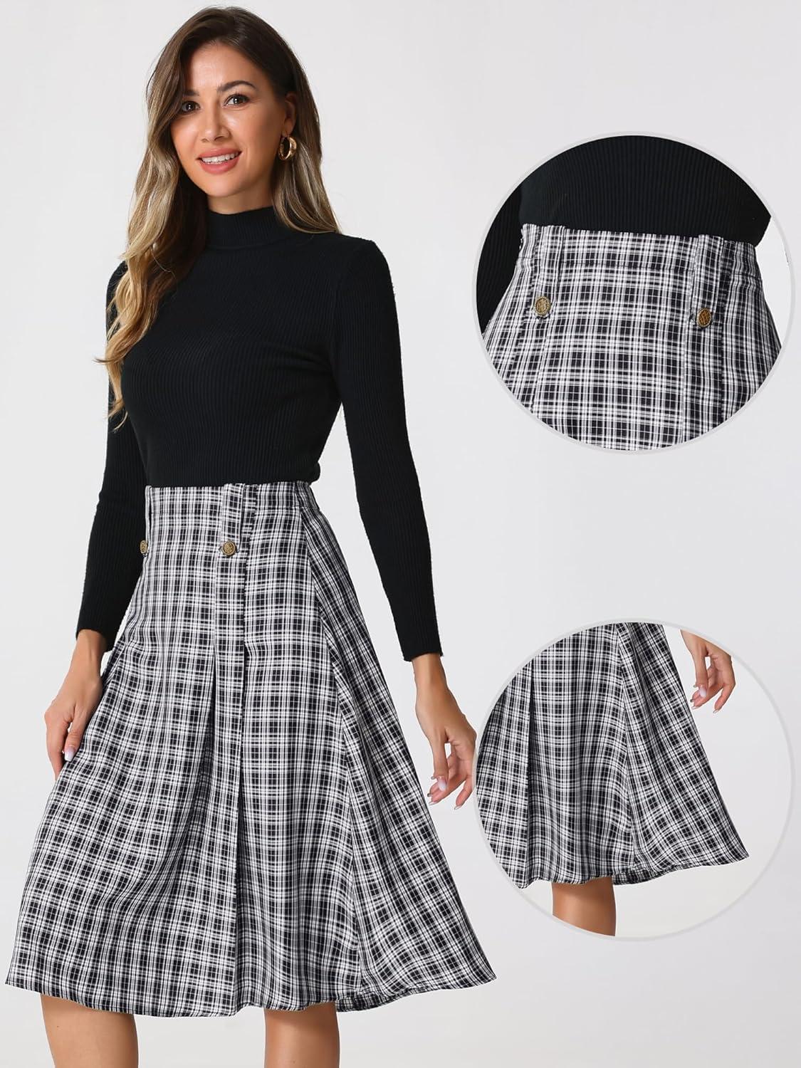 imageAllegra K Vintage Plaid Skirts for Womens High Waist Pleated ALine Midi SkirtBlack