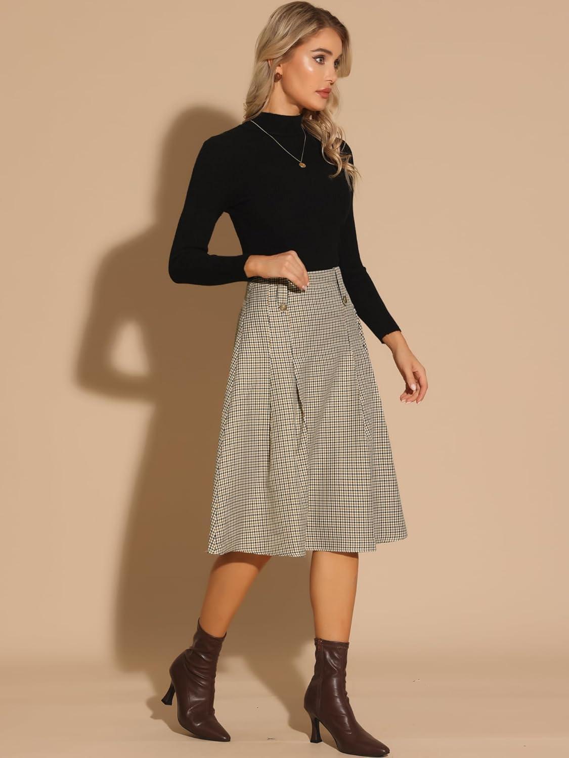 imageAllegra K Vintage Plaid Skirts for Womens High Waist Pleated ALine Midi SkirtBrown