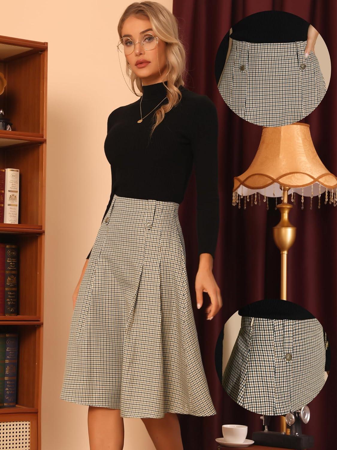 imageAllegra K Vintage Plaid Skirts for Womens High Waist Pleated ALine Midi SkirtBrown