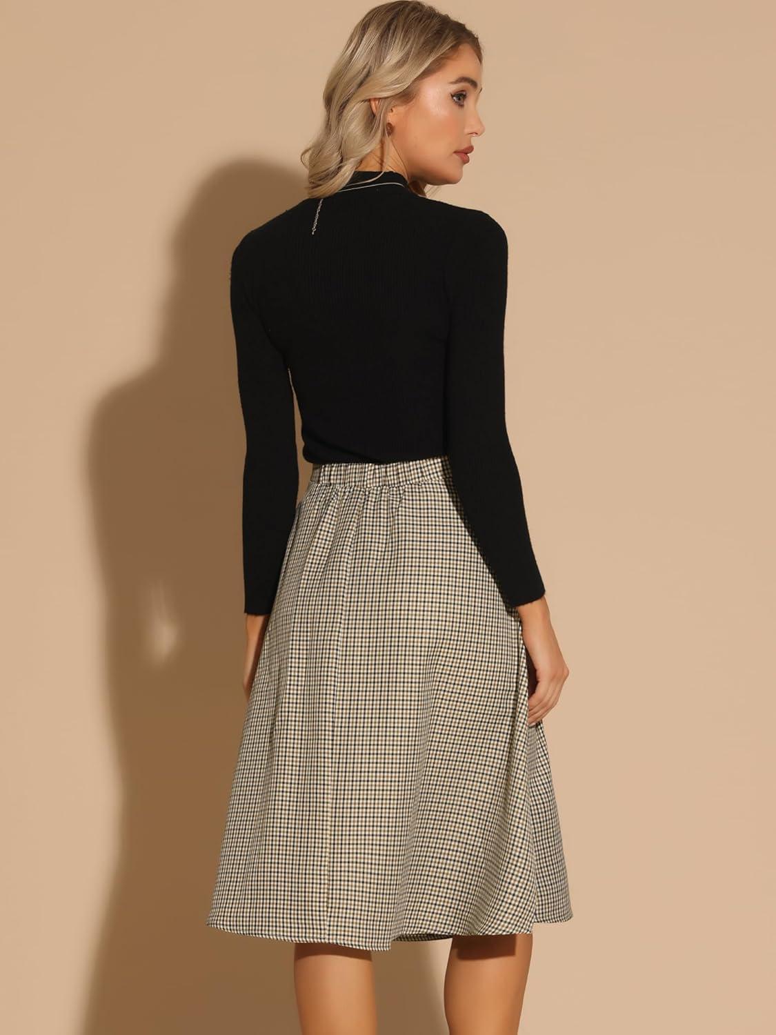 imageAllegra K Vintage Plaid Skirts for Womens High Waist Pleated ALine Midi SkirtBrown