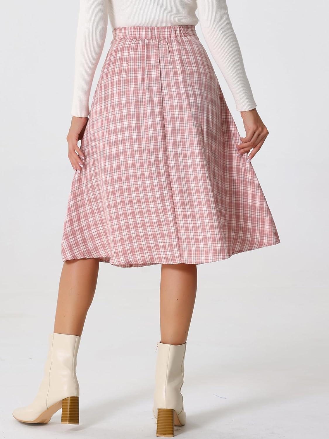 imageAllegra K Vintage Plaid Skirts for Womens High Waist Pleated ALine Midi SkirtPink