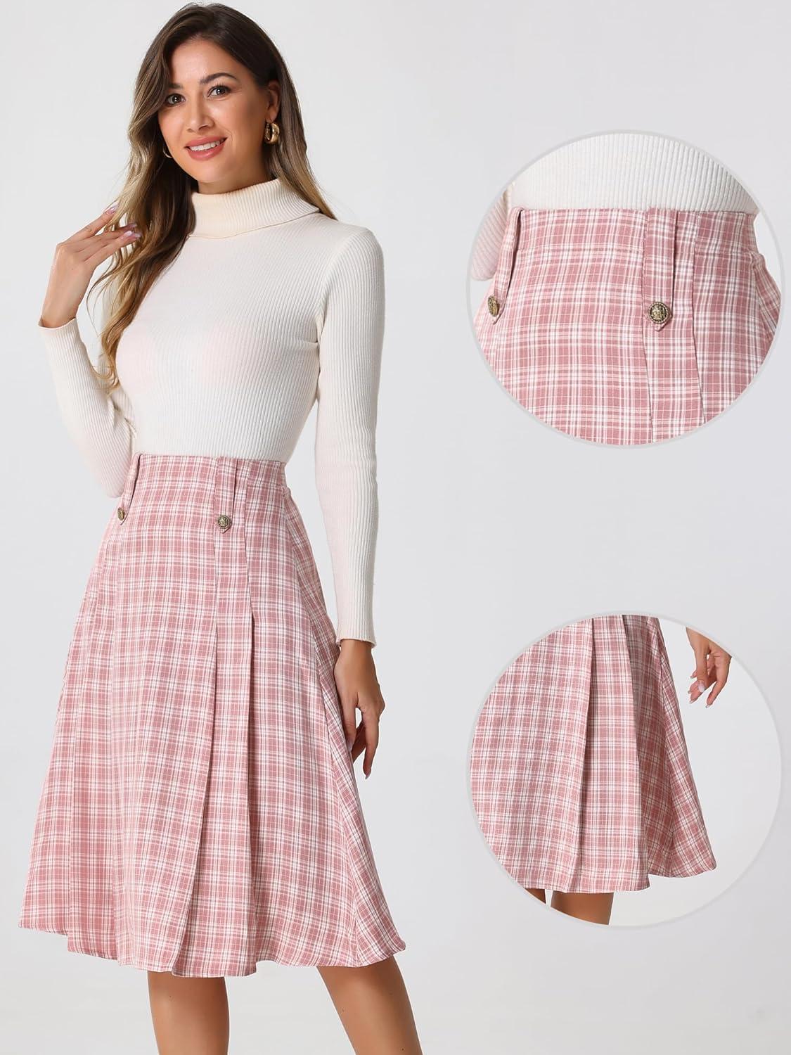 imageAllegra K Vintage Plaid Skirts for Womens High Waist Pleated ALine Midi SkirtPink