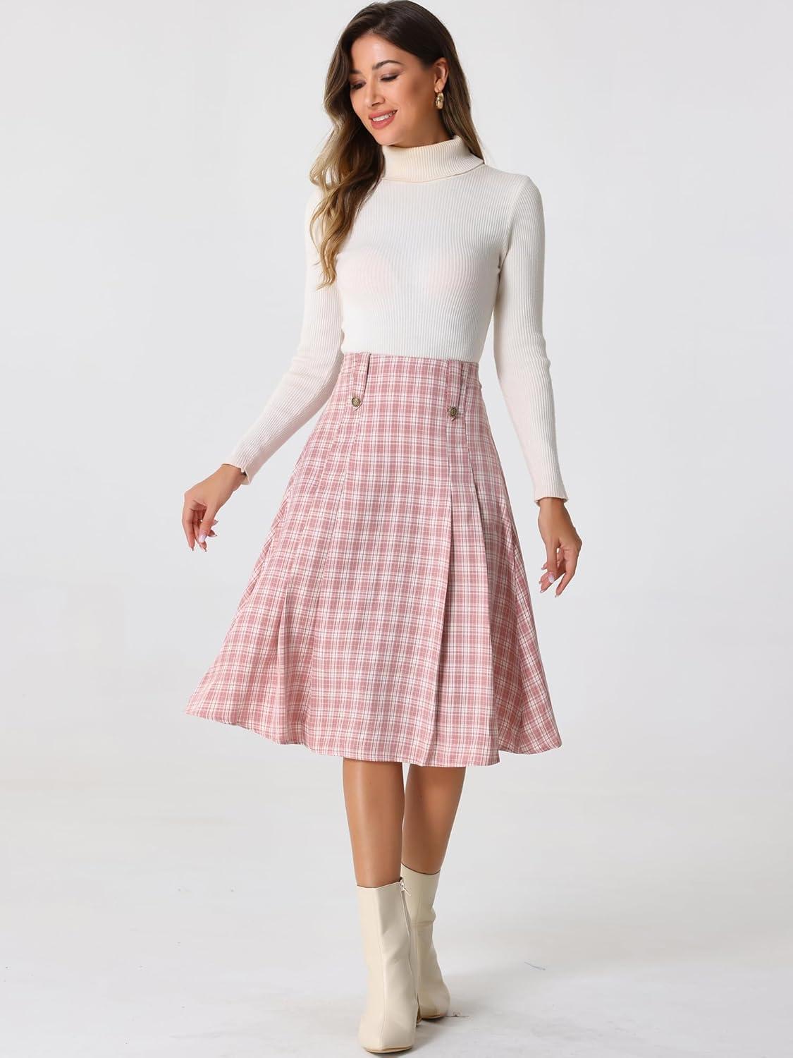 imageAllegra K Vintage Plaid Skirts for Womens High Waist Pleated ALine Midi SkirtPink