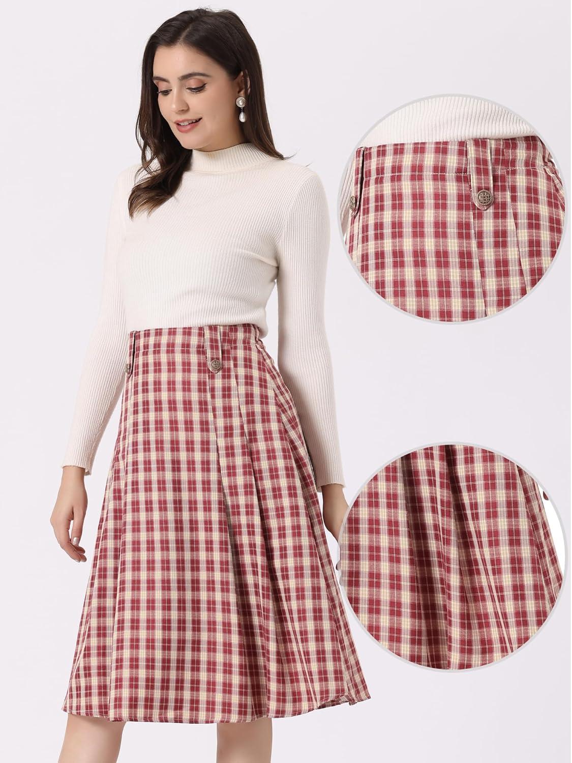 imageAllegra K Vintage Plaid Skirts for Womens High Waist Pleated ALine Midi SkirtRed