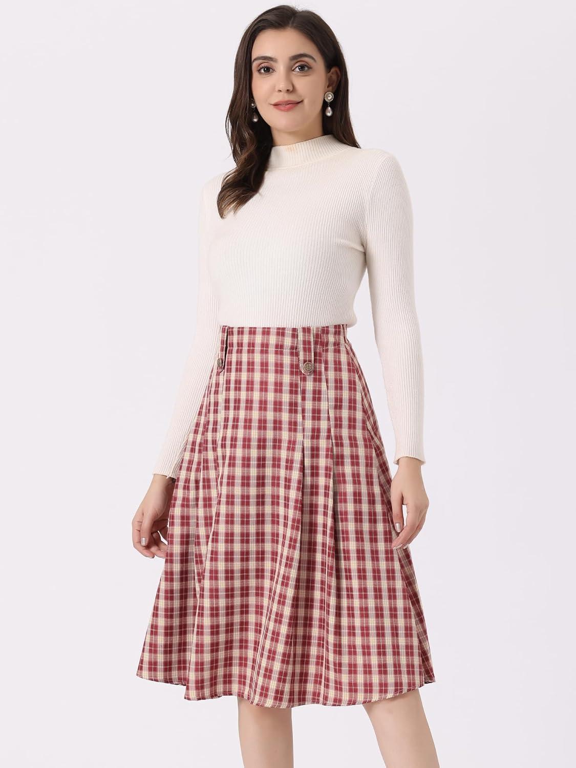 imageAllegra K Vintage Plaid Skirts for Womens High Waist Pleated ALine Midi SkirtRed