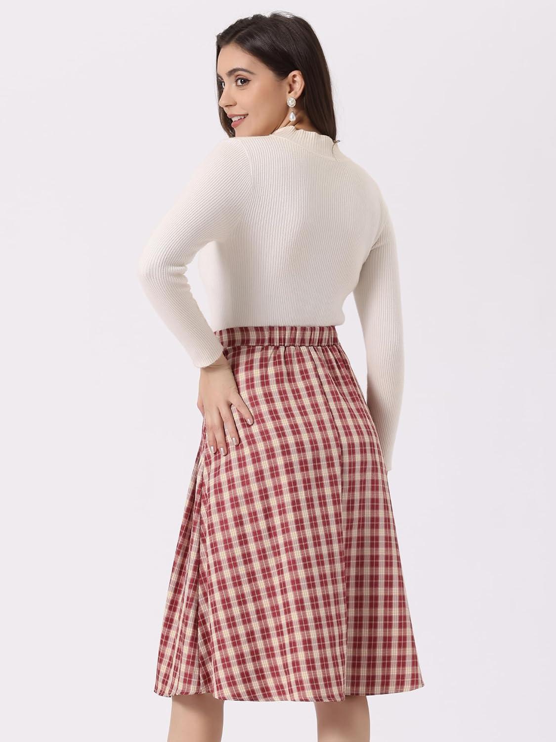 imageAllegra K Vintage Plaid Skirts for Womens High Waist Pleated ALine Midi SkirtRed