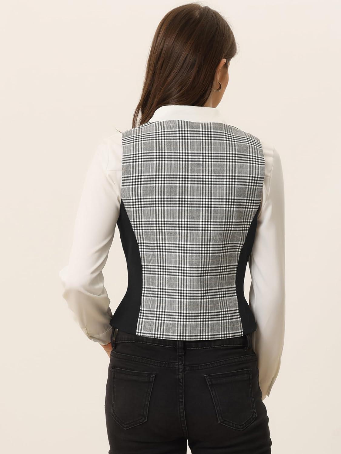 imageAllegra K Vintage Waistcoat Vest for Womens Plaid Button Down Work Dressy VestsBlack