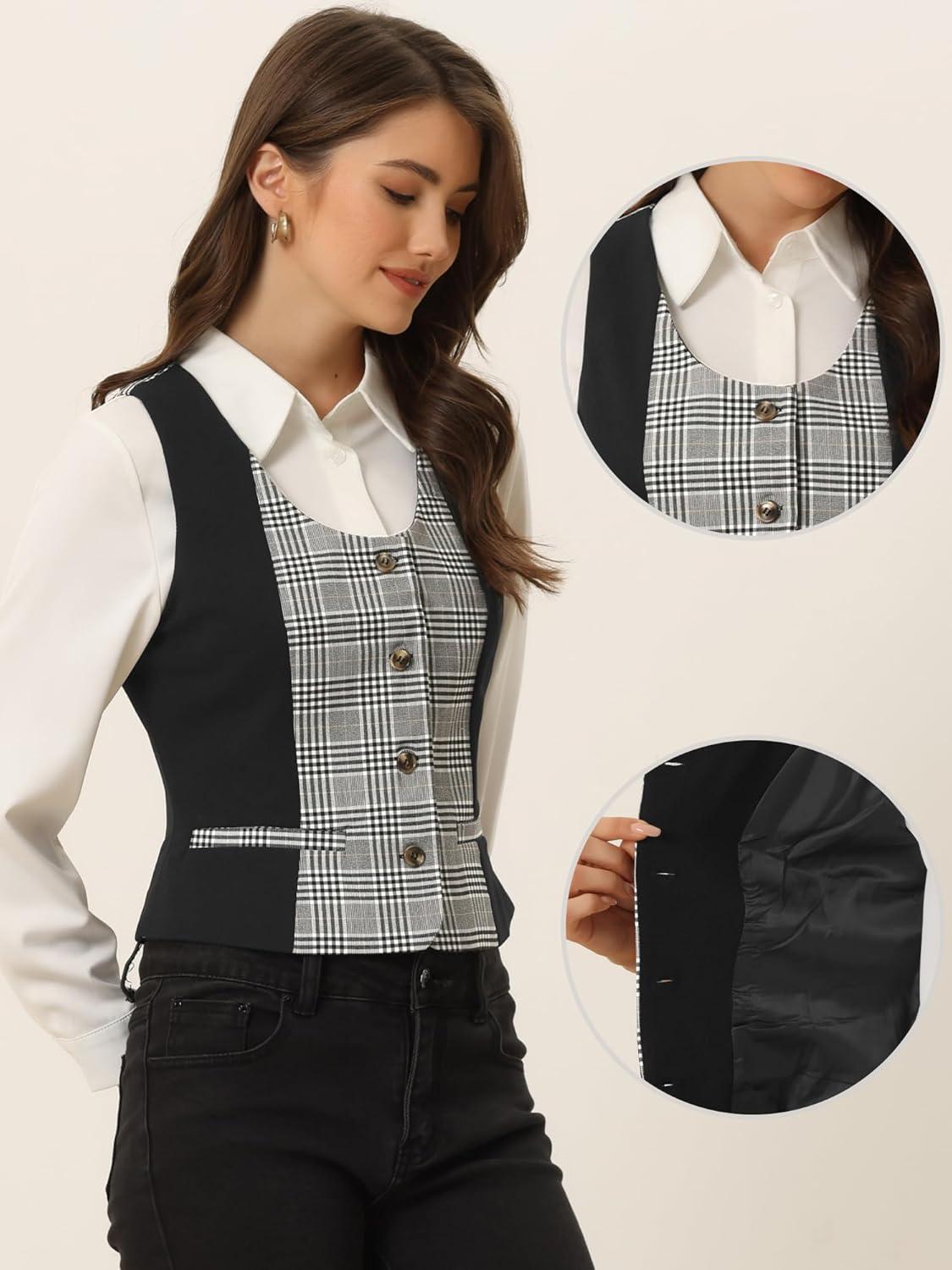 imageAllegra K Vintage Waistcoat Vest for Womens Plaid Button Down Work Dressy VestsBlack