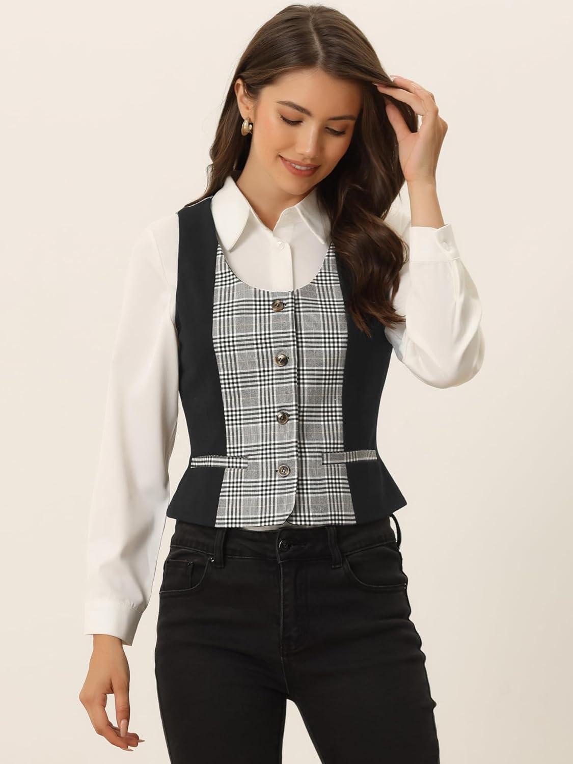 imageAllegra K Vintage Waistcoat Vest for Womens Plaid Button Down Work Dressy VestsBlack