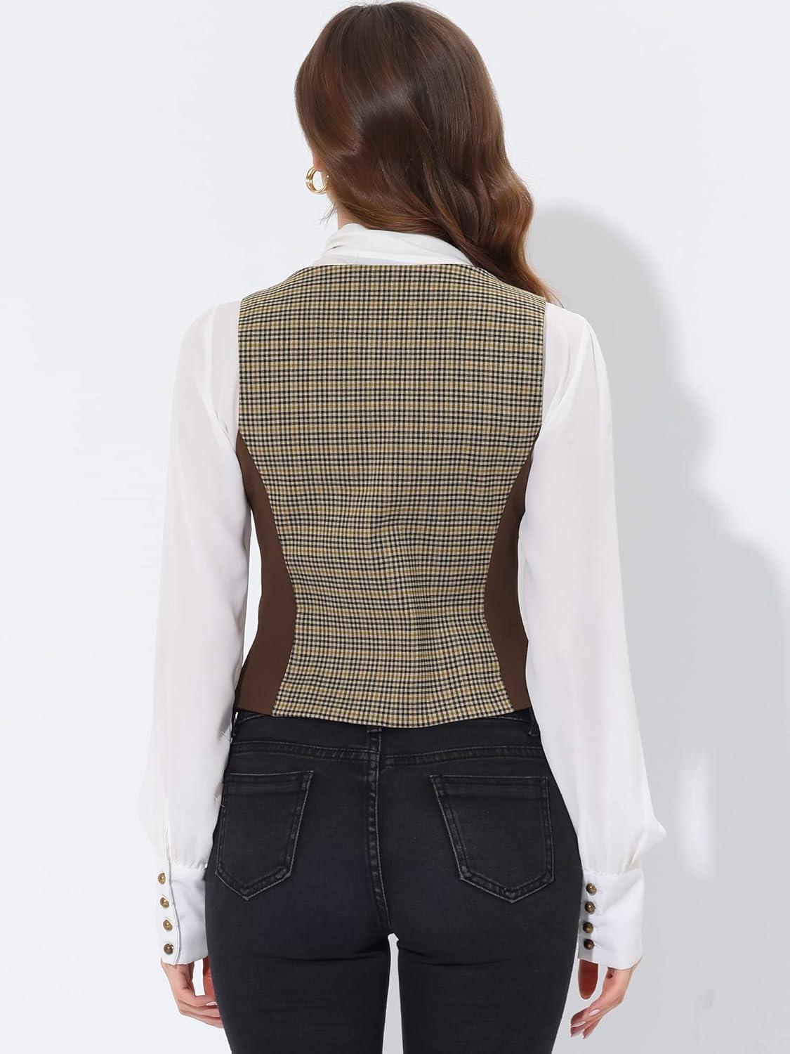 imageAllegra K Vintage Waistcoat Vest for Womens Plaid Button Down Work Dressy VestsBrown