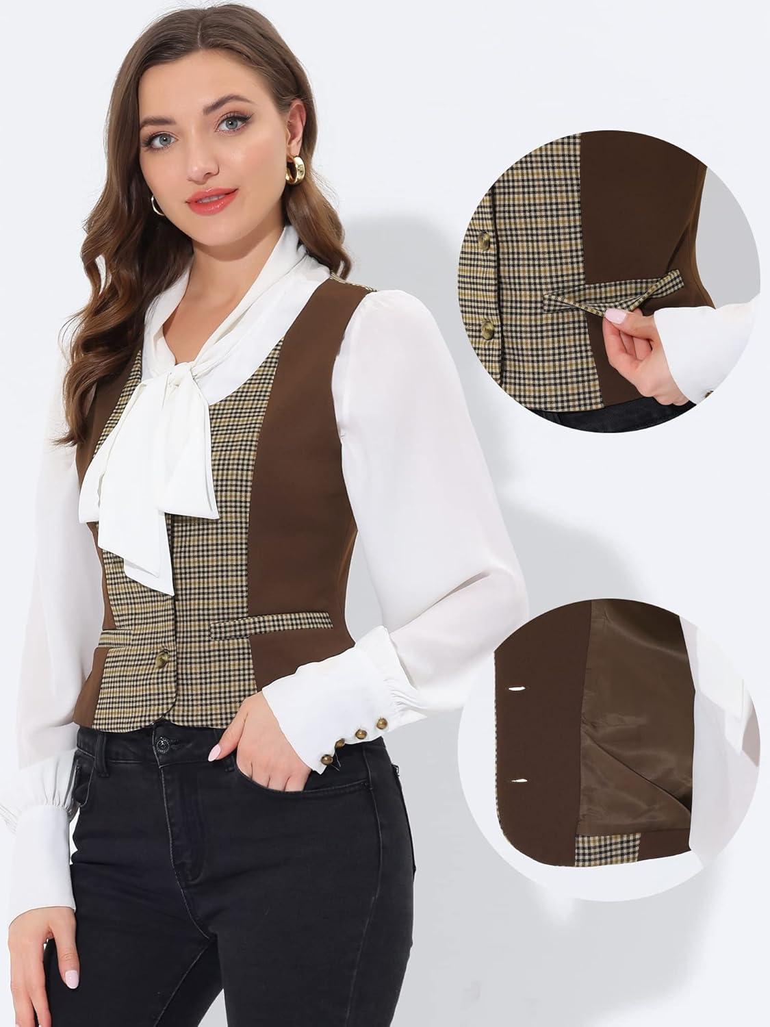 imageAllegra K Vintage Waistcoat Vest for Womens Plaid Button Down Work Dressy VestsBrown