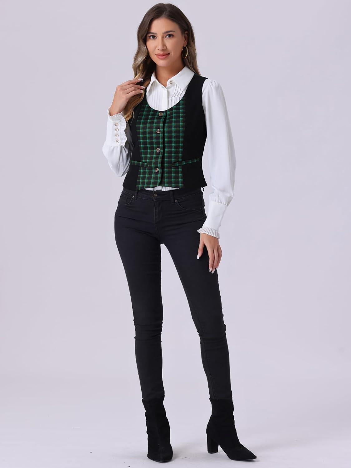 imageAllegra K Vintage Waistcoat Vest for Womens Plaid Button Down Work Dressy VestsGreen