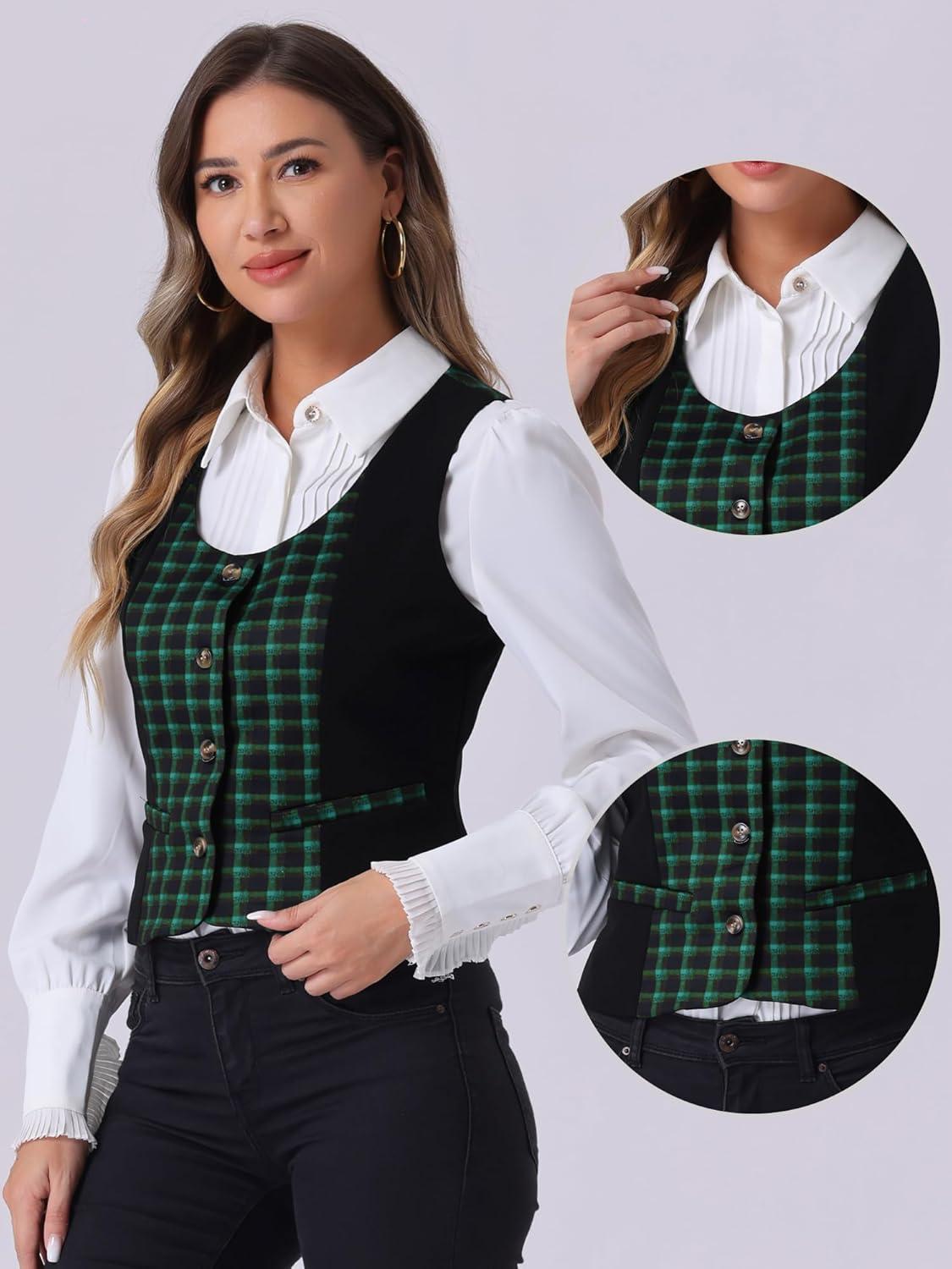 imageAllegra K Vintage Waistcoat Vest for Womens Plaid Button Down Work Dressy VestsGreen