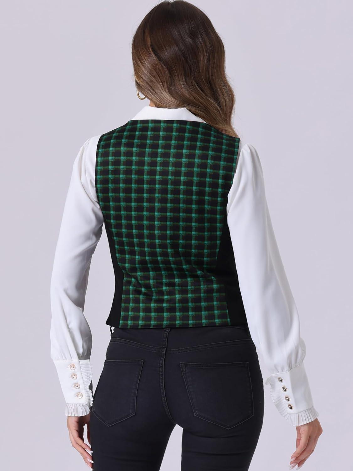 imageAllegra K Vintage Waistcoat Vest for Womens Plaid Button Down Work Dressy VestsGreen