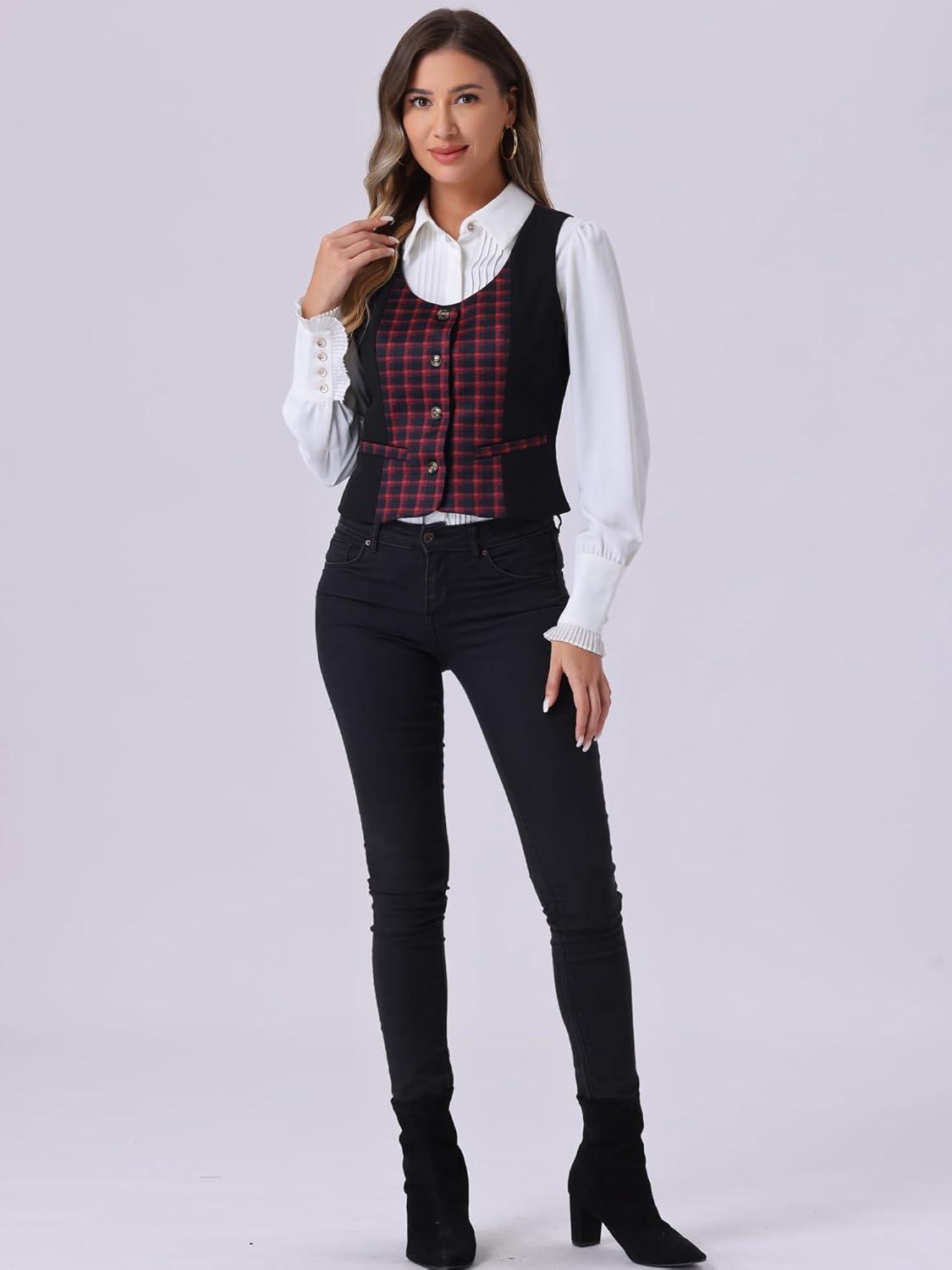 imageAllegra K Vintage Waistcoat Vest for Womens Plaid Button Down Work Dressy VestsRed