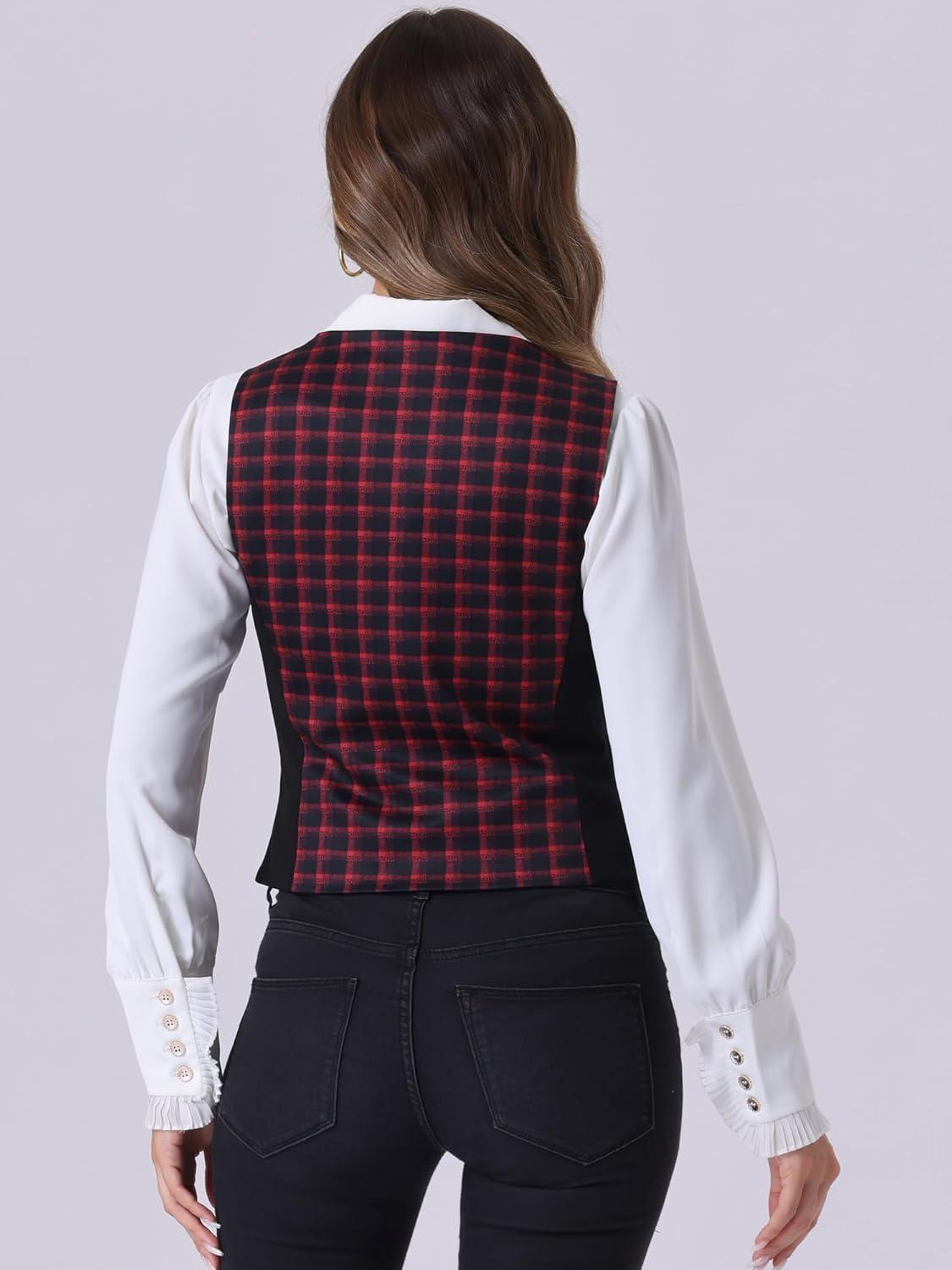 imageAllegra K Vintage Waistcoat Vest for Womens Plaid Button Down Work Dressy VestsRed