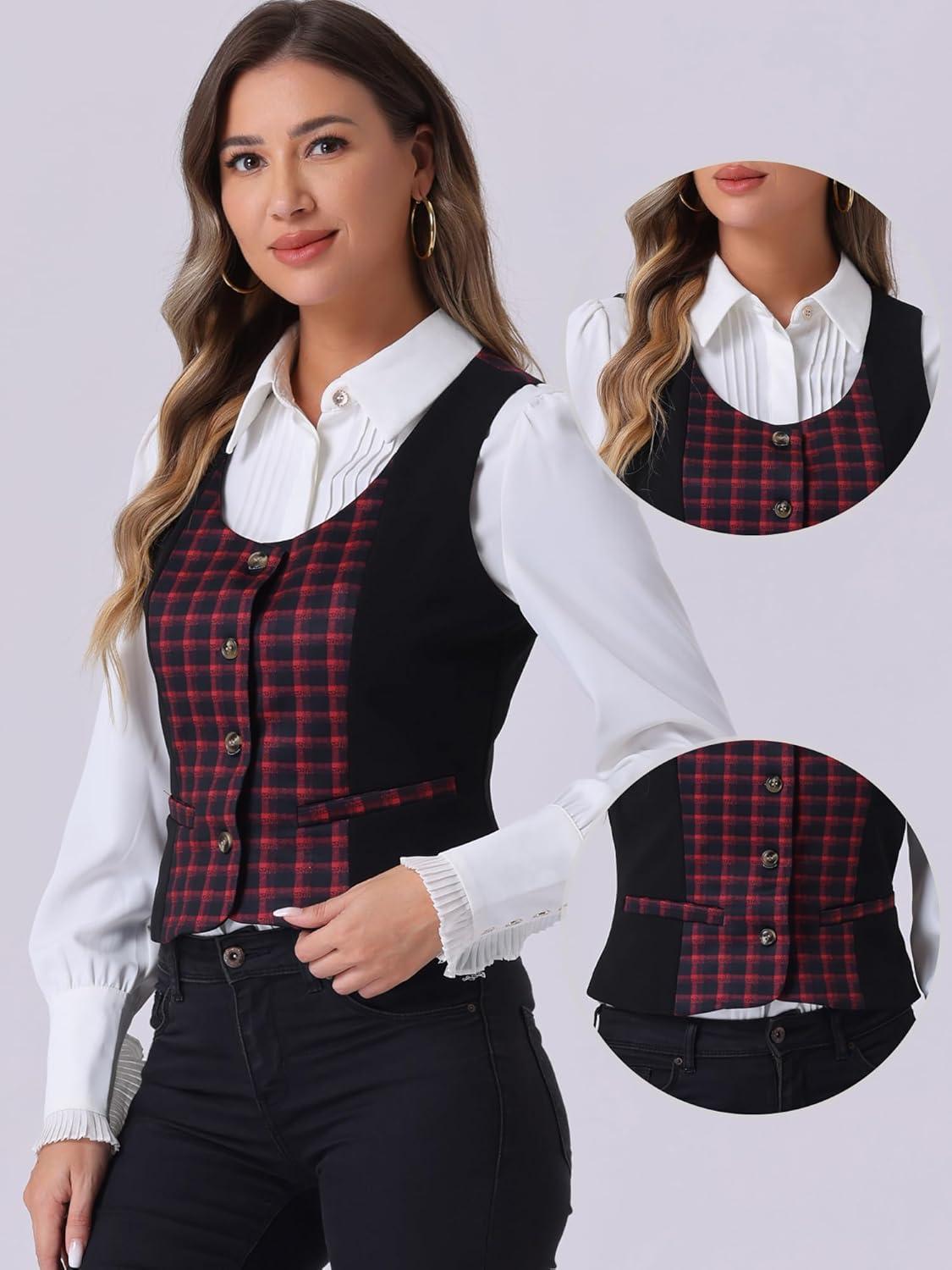 imageAllegra K Vintage Waistcoat Vest for Womens Plaid Button Down Work Dressy VestsRed