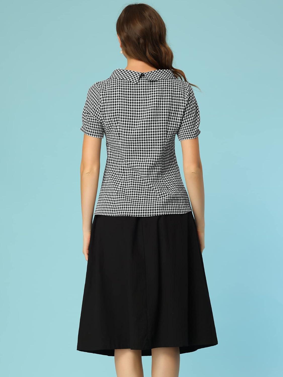 imageAllegra K Womens 1950s Round Collar Short Sleeve Gingham TopsBlack