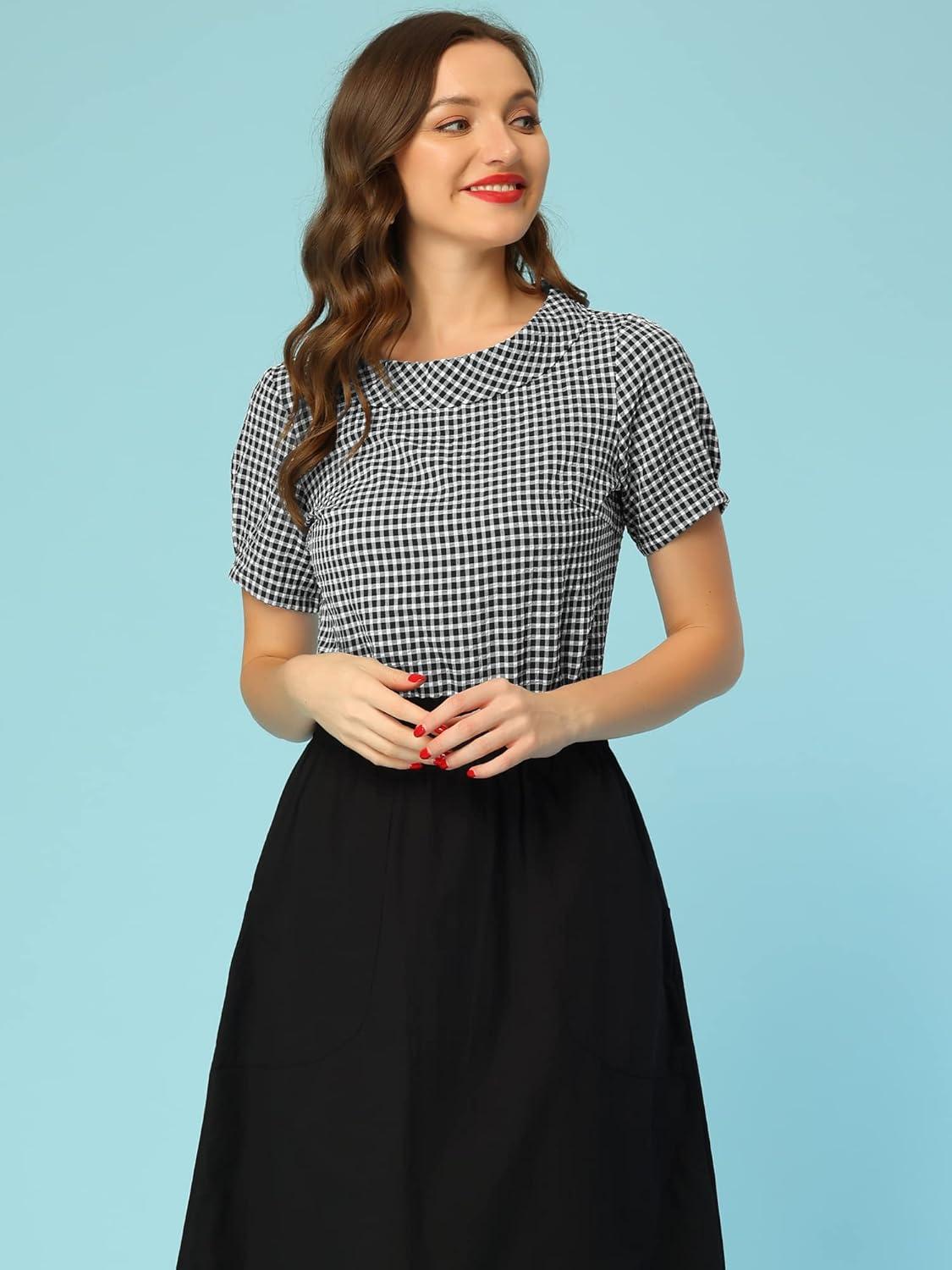 imageAllegra K Womens 1950s Round Collar Short Sleeve Gingham TopsBlack