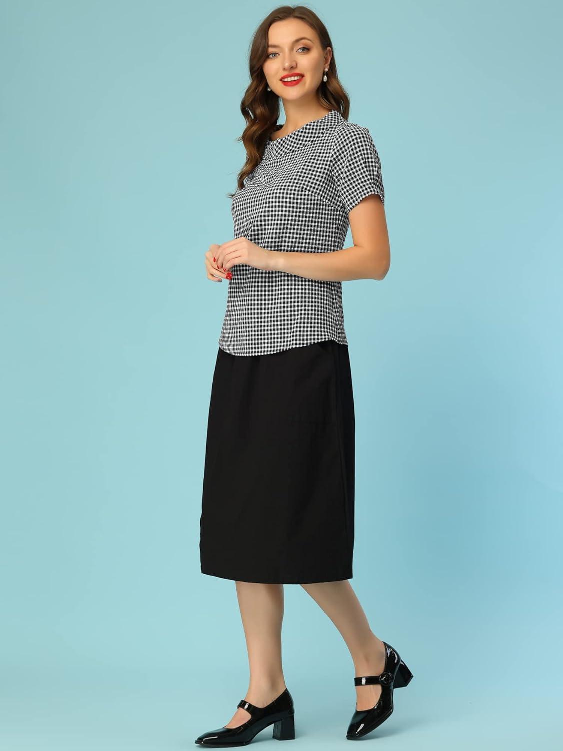 imageAllegra K Womens 1950s Round Collar Short Sleeve Gingham TopsBlack