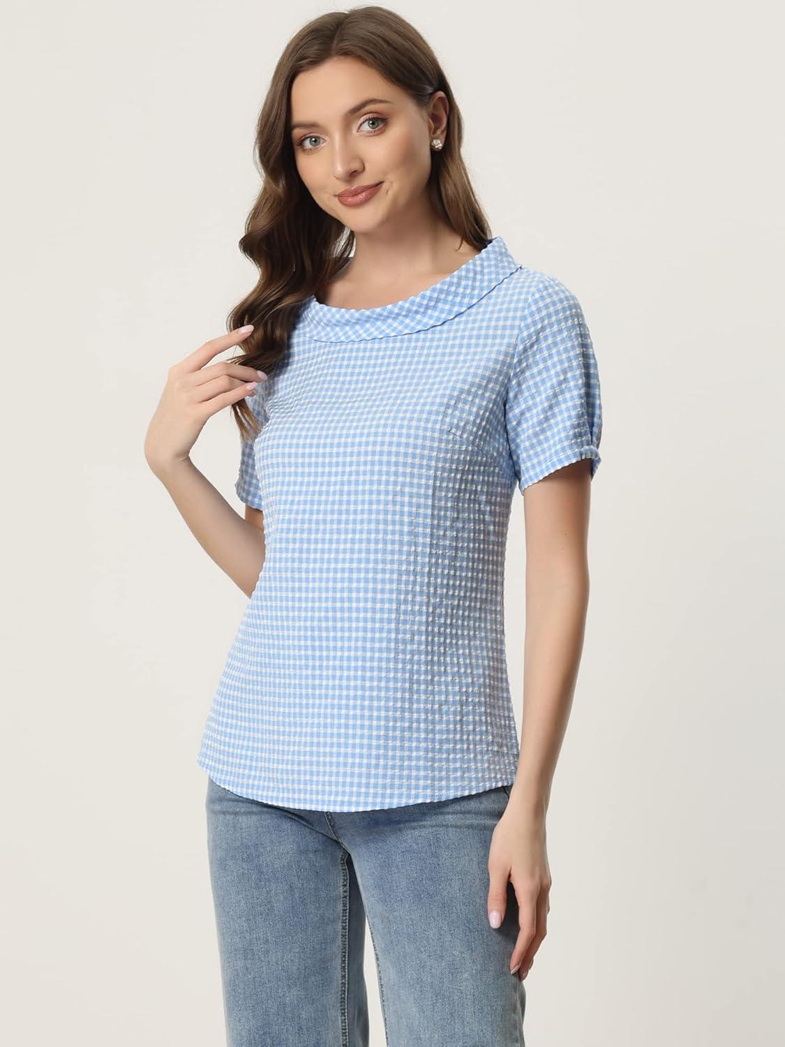 imageAllegra K Womens 1950s Round Collar Short Sleeve Gingham TopsBlue