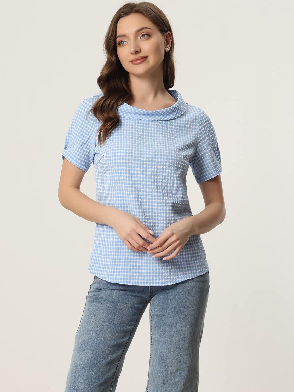 imageAllegra K Womens 1950s Round Collar Short Sleeve Gingham TopsBlue