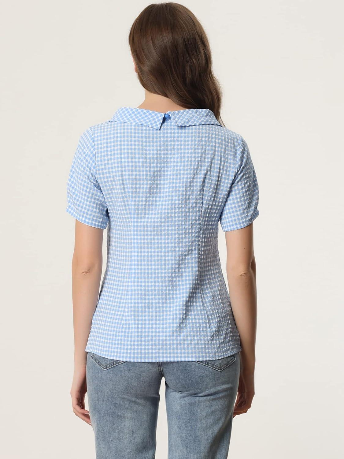 imageAllegra K Womens 1950s Round Collar Short Sleeve Gingham TopsBlue