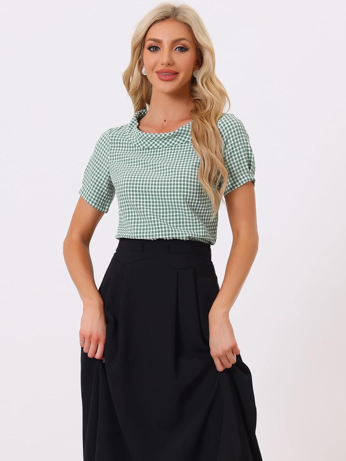 imageAllegra K Womens 1950s Round Collar Short Sleeve Gingham TopsDusty Green