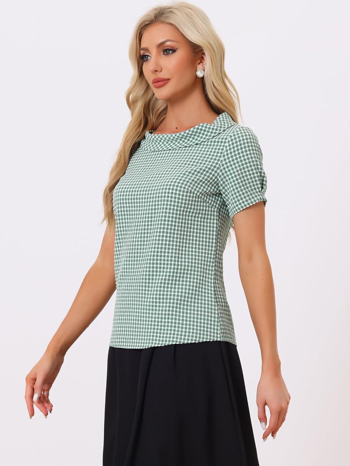 imageAllegra K Womens 1950s Round Collar Short Sleeve Gingham TopsDusty Green