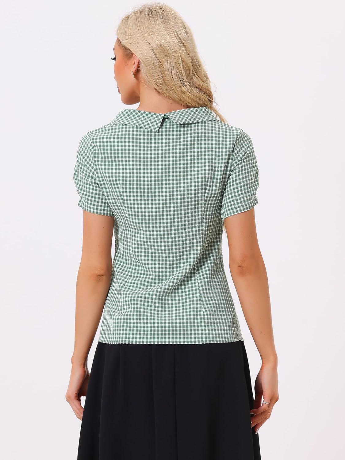 imageAllegra K Womens 1950s Round Collar Short Sleeve Gingham TopsDusty Green