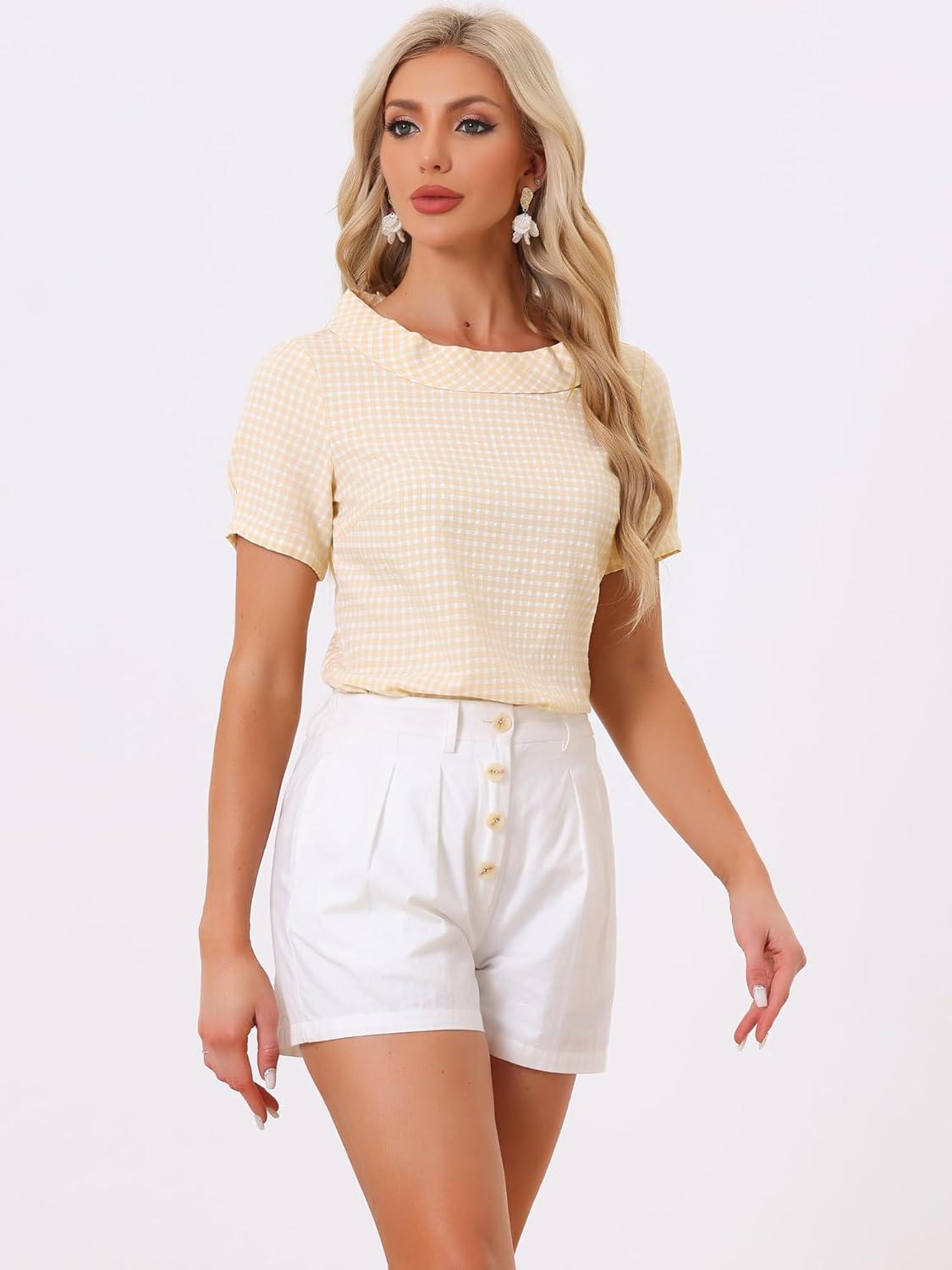imageAllegra K Womens 1950s Round Collar Short Sleeve Gingham TopsLight Yellow