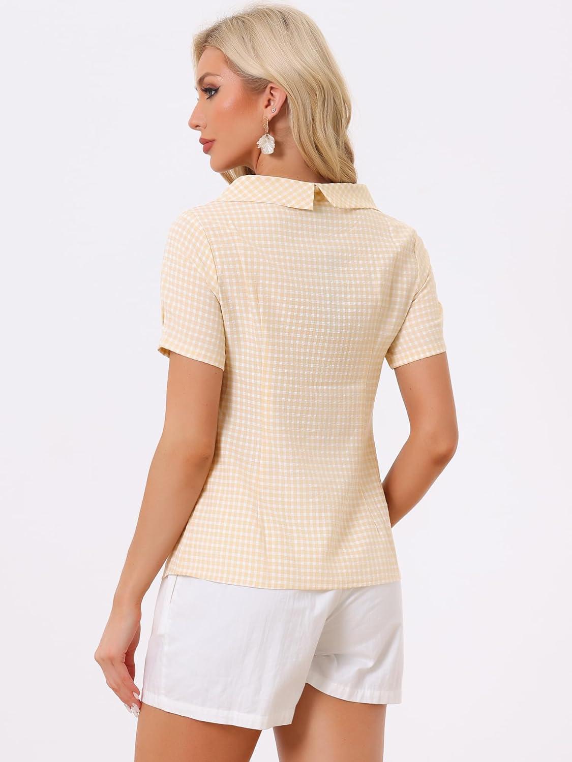 imageAllegra K Womens 1950s Round Collar Short Sleeve Gingham TopsLight Yellow