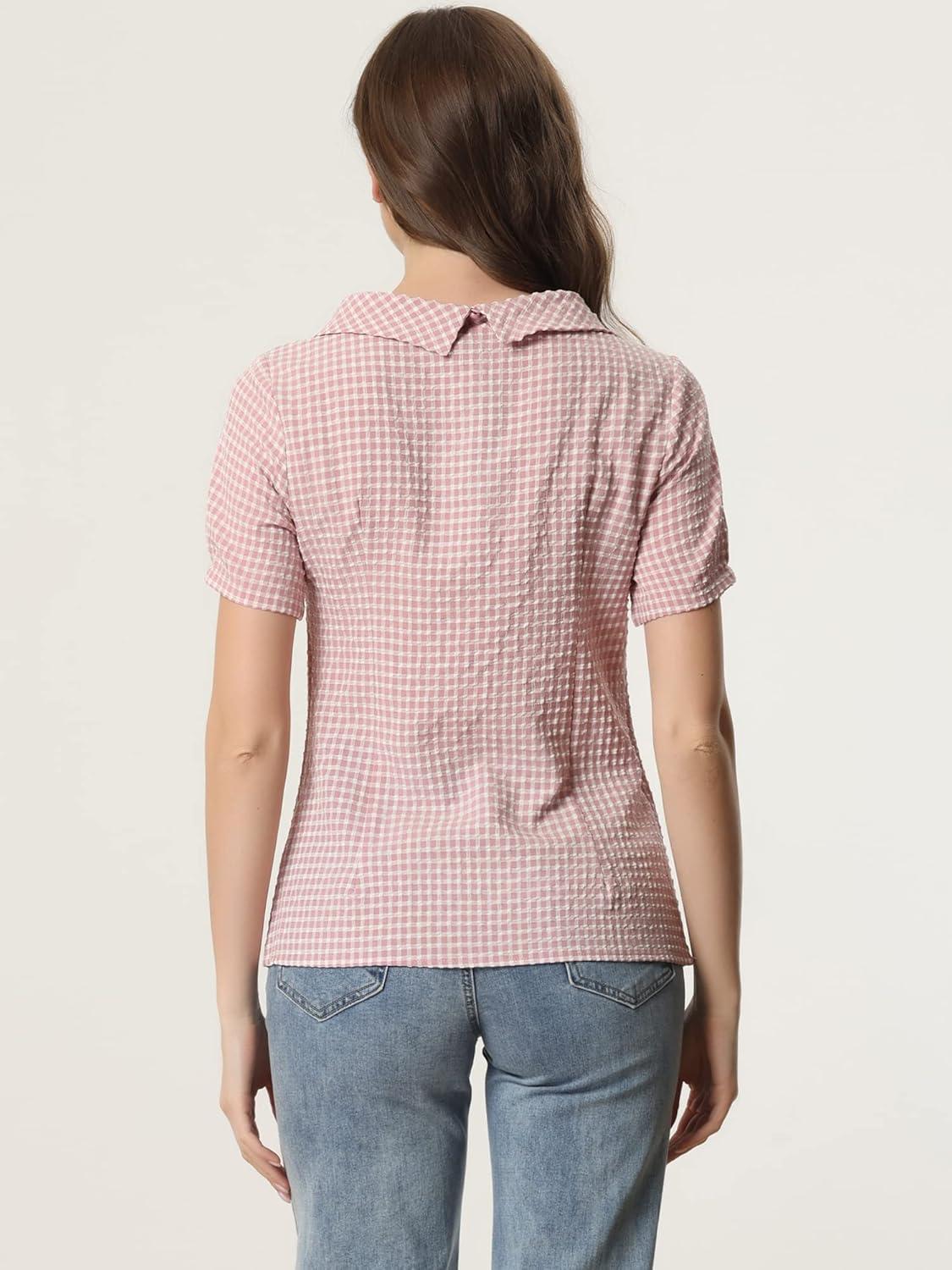 imageAllegra K Womens 1950s Round Collar Short Sleeve Gingham TopsPink