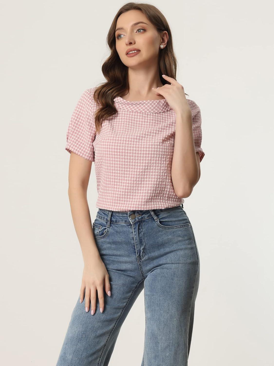 imageAllegra K Womens 1950s Round Collar Short Sleeve Gingham TopsPink