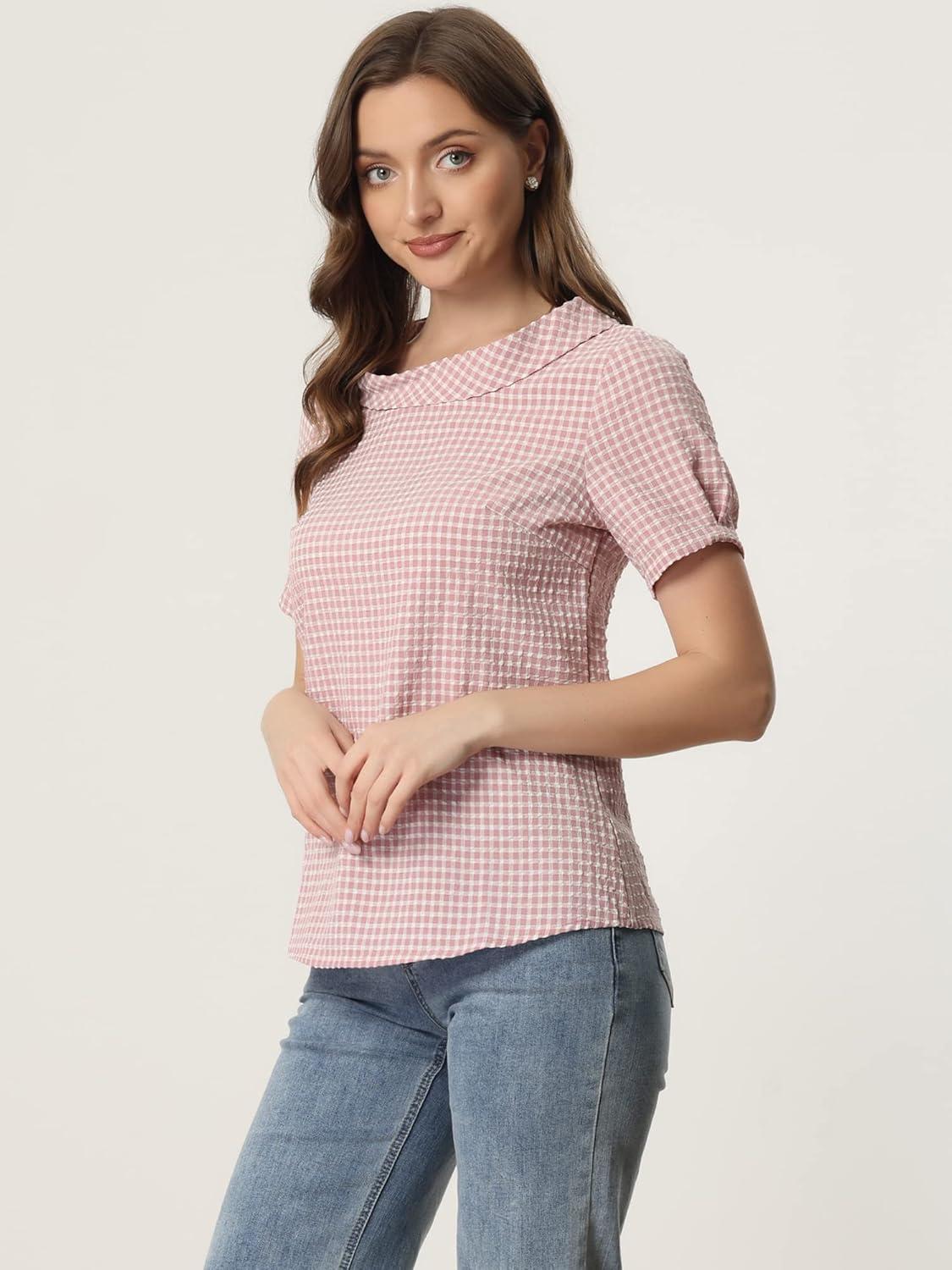 imageAllegra K Womens 1950s Round Collar Short Sleeve Gingham TopsPink
