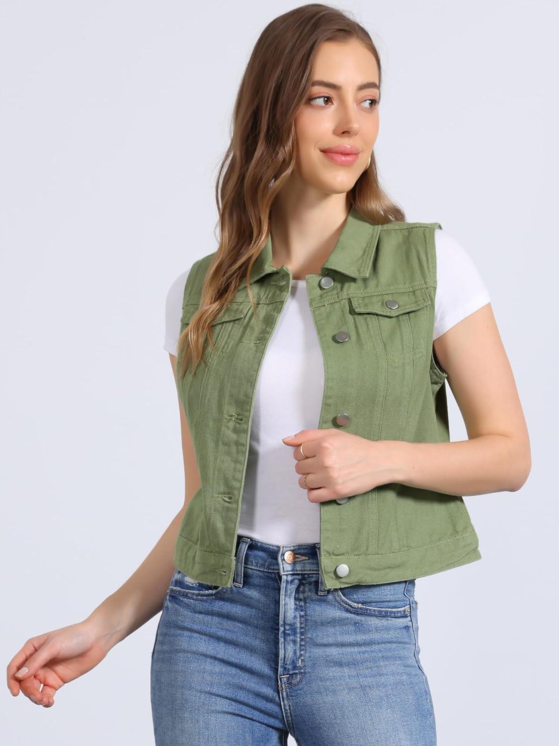 imageAllegra K Womens Buttoned Washed Denim Vest Jacket W Chest Flap PocketsBean Green