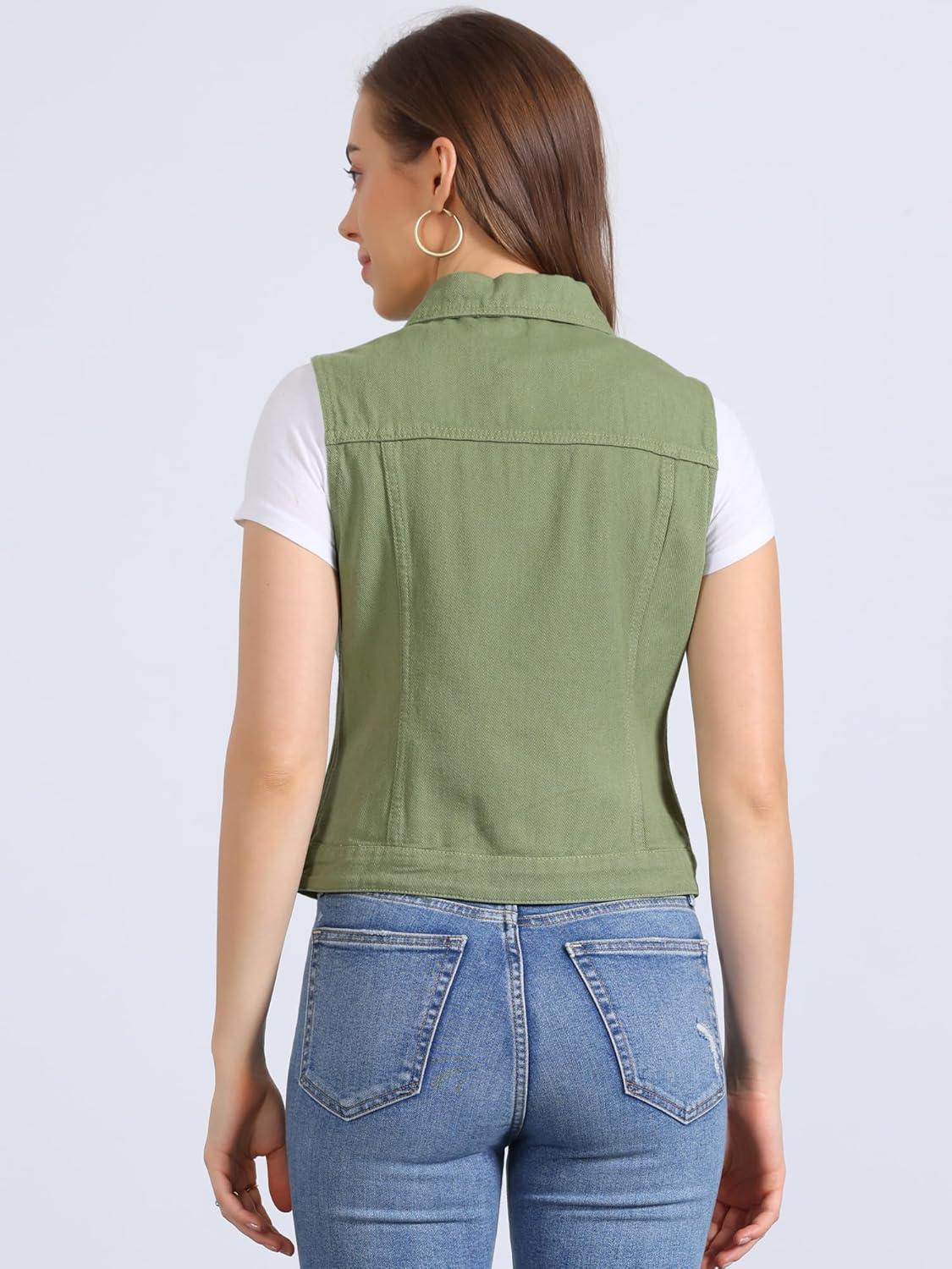 imageAllegra K Womens Buttoned Washed Denim Vest Jacket W Chest Flap PocketsBean Green