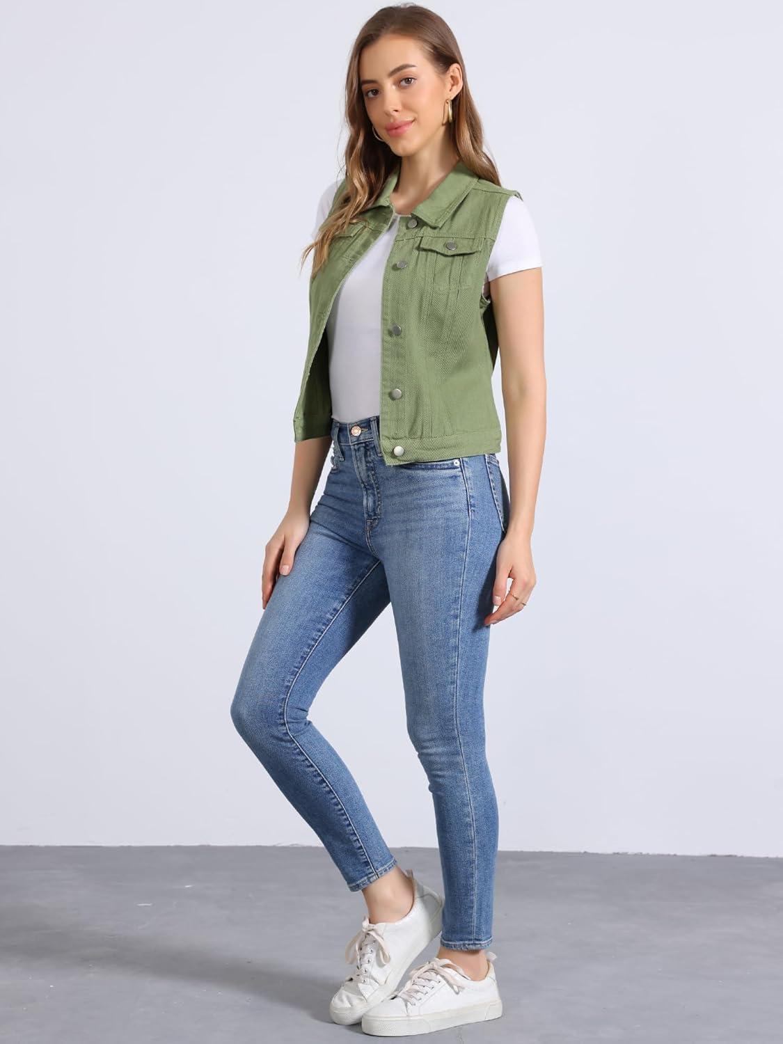imageAllegra K Womens Buttoned Washed Denim Vest Jacket W Chest Flap PocketsBean Green