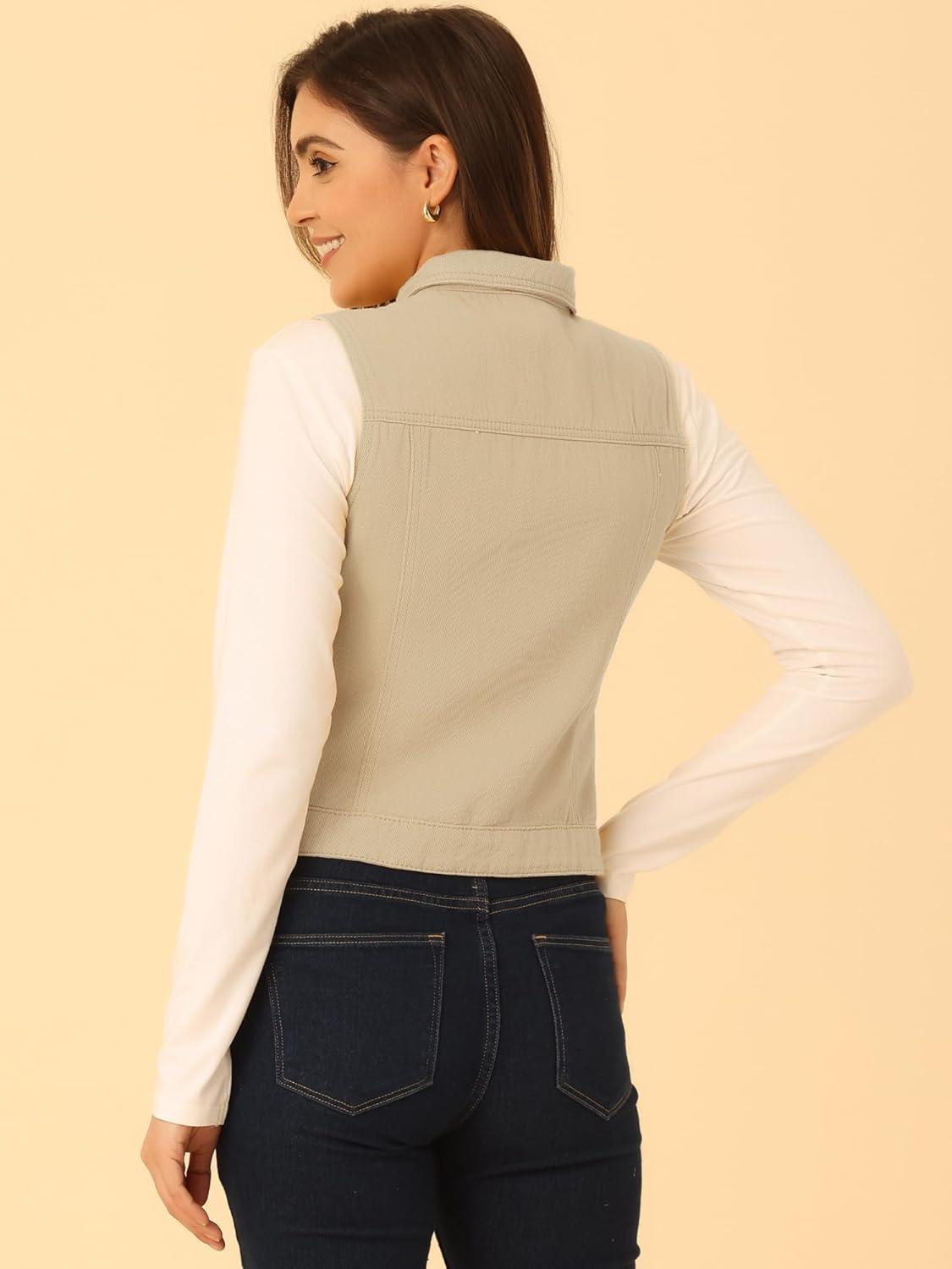 imageAllegra K Womens Buttoned Washed Denim Vest Jacket W Chest Flap PocketsBeige