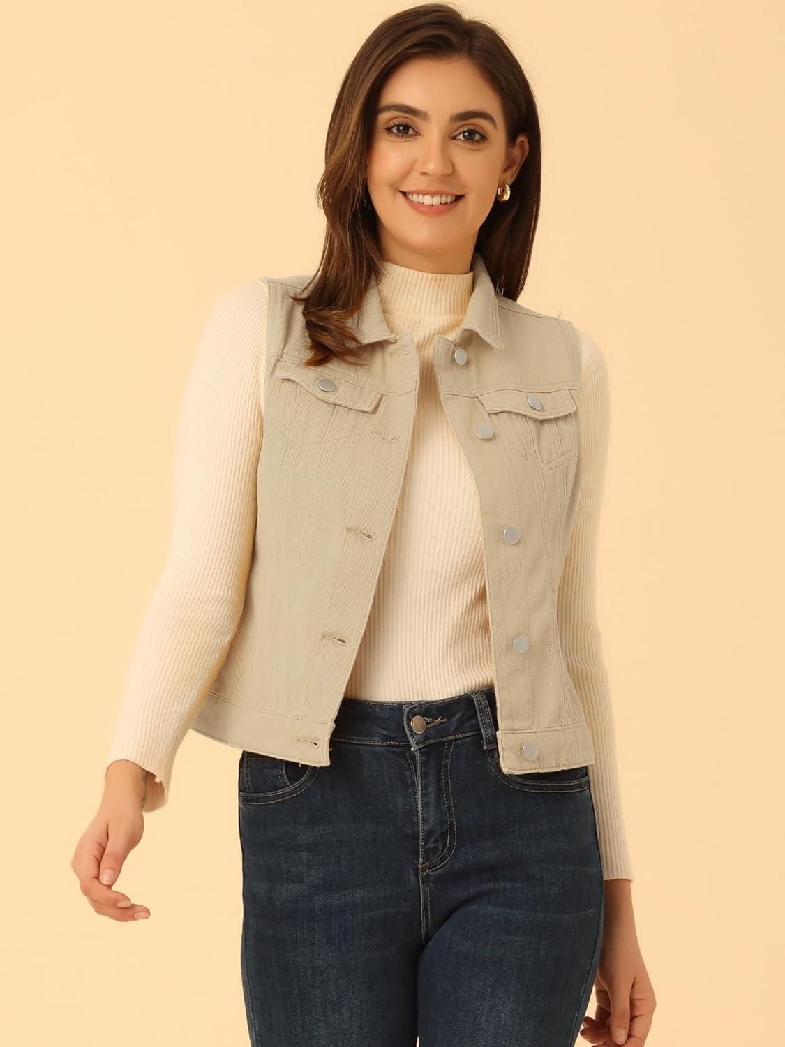 imageAllegra K Womens Buttoned Washed Denim Vest Jacket W Chest Flap PocketsBeige