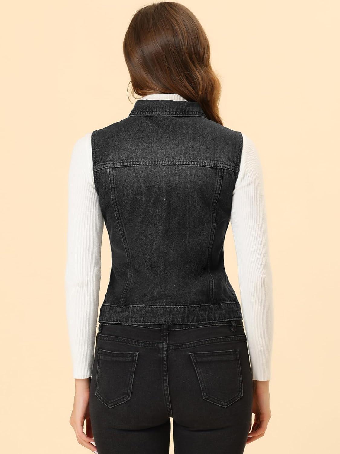 imageAllegra K Womens Buttoned Washed Denim Vest Jacket W Chest Flap PocketsBlack