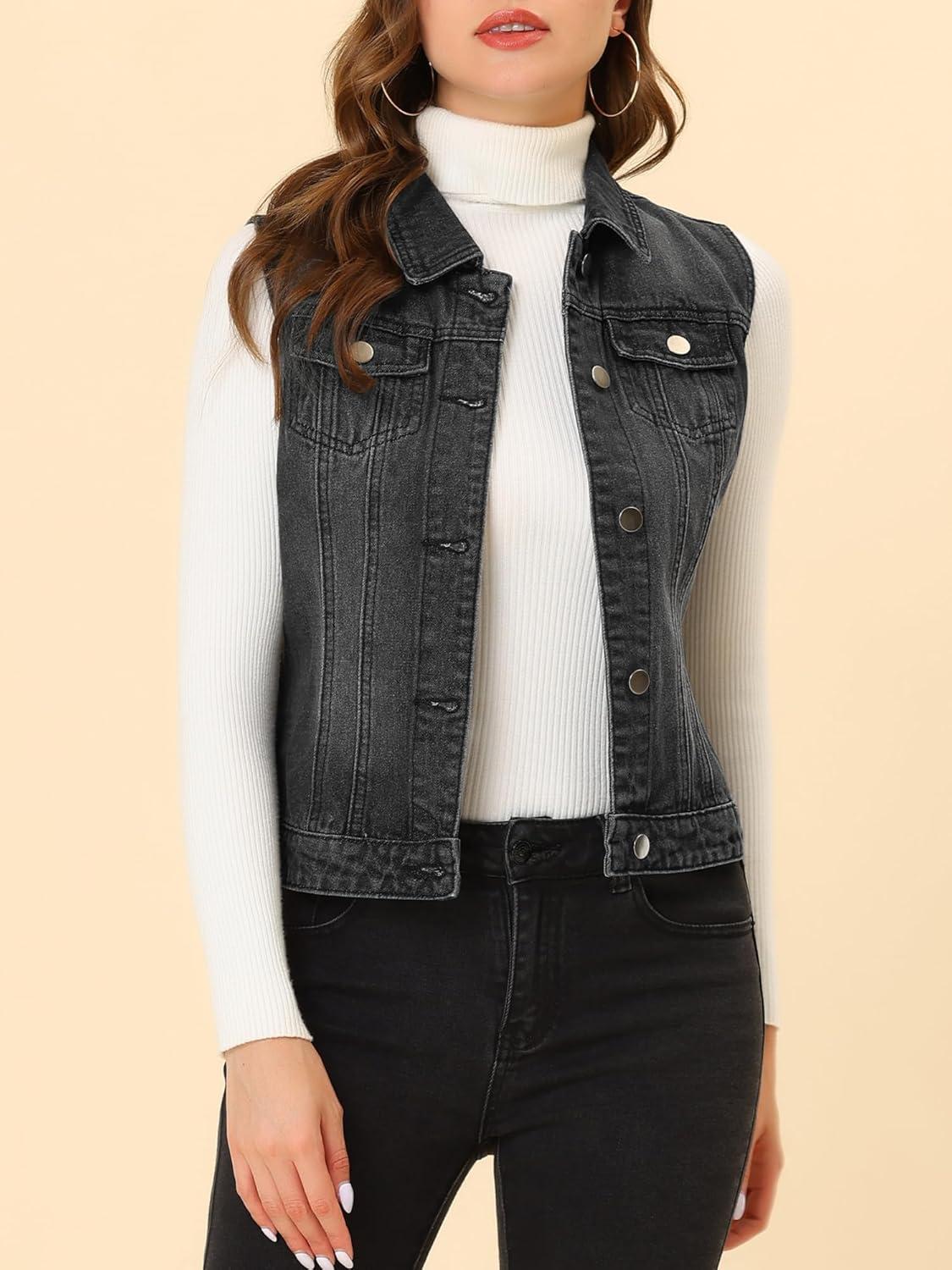 imageAllegra K Womens Buttoned Washed Denim Vest Jacket W Chest Flap PocketsBlack