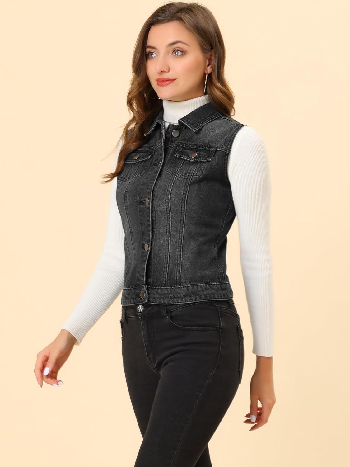 imageAllegra K Womens Buttoned Washed Denim Vest Jacket W Chest Flap PocketsBlack
