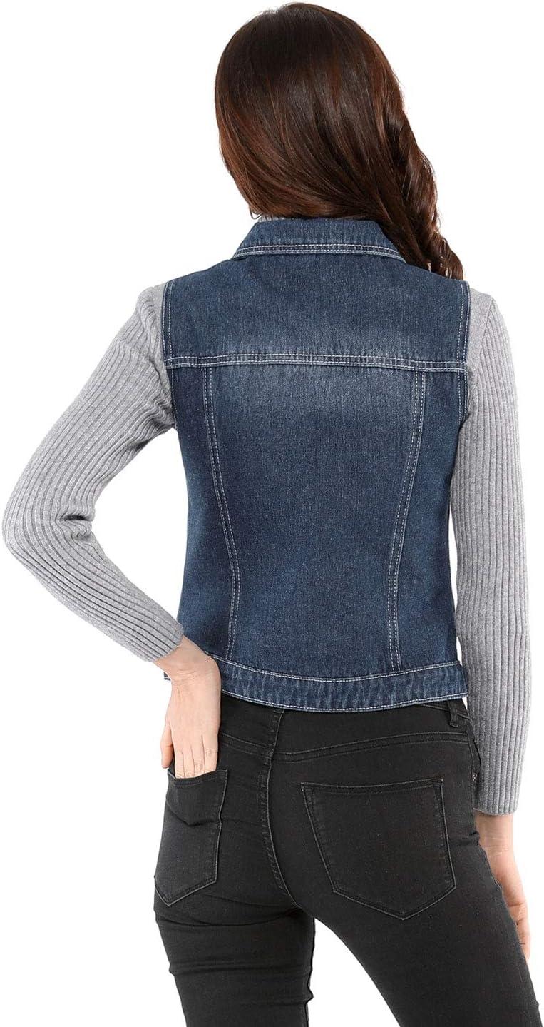 imageAllegra K Womens Buttoned Washed Denim Vest Jacket W Chest Flap PocketsBlue